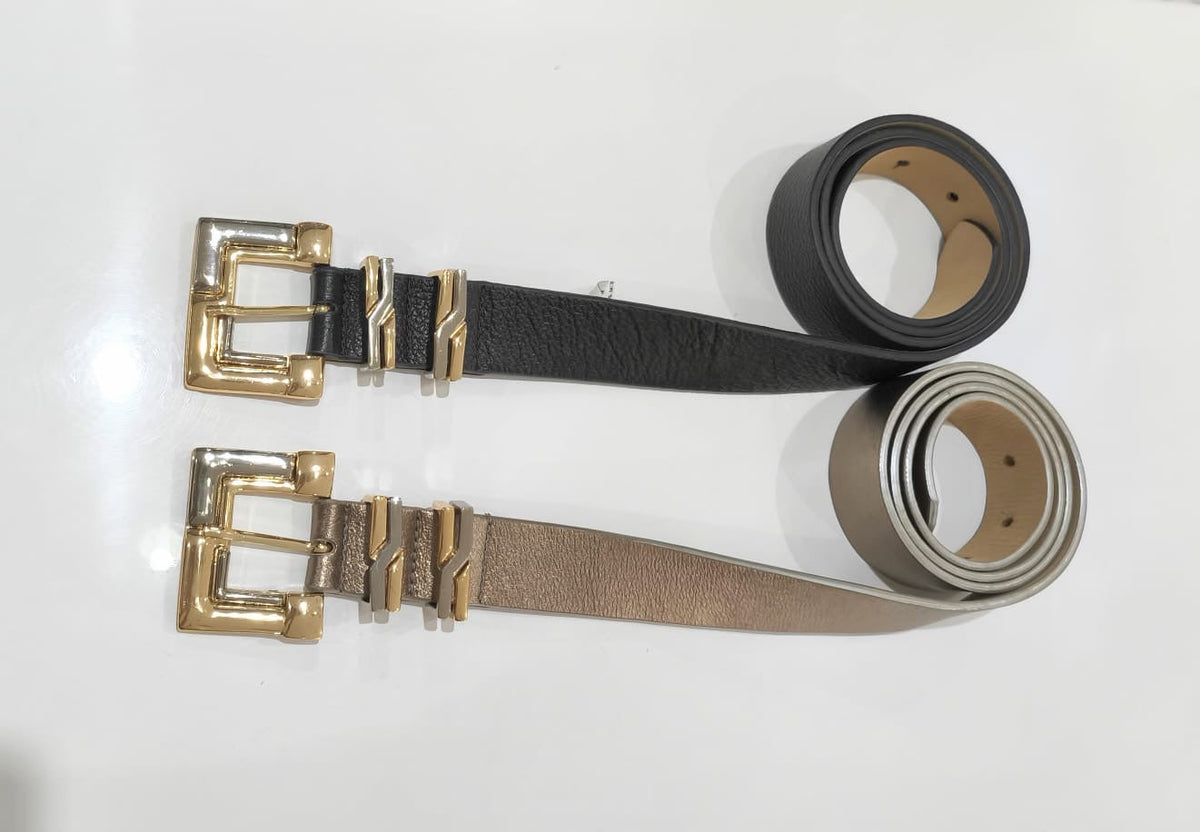 Cinto Preto com fivela Prata e Dourado 100% Couro