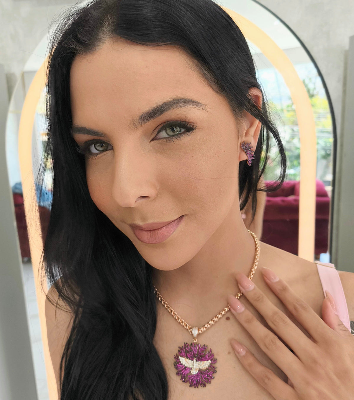 Conjunto Semi Joia Espírito Santo, Zircônia Pink Cravejado