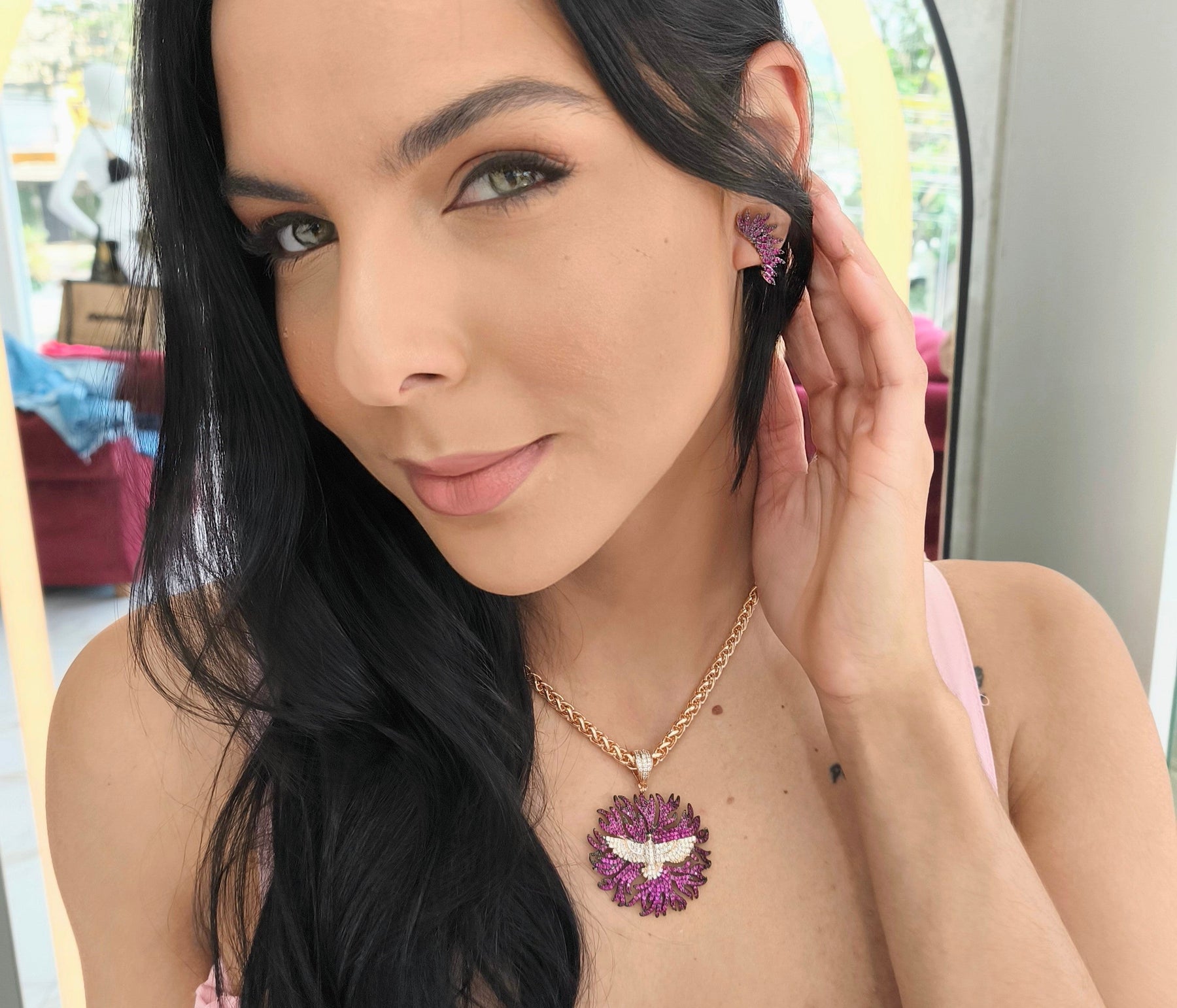 Conjunto Semi Joia Espírito Santo, Zircônia Pink Cravejado