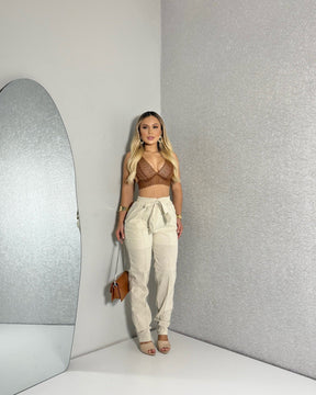 Conjunto Top Renda & Calça Clochard Amarrada – Areia