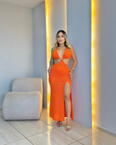 Vestido Longo em Tricô Vazado Laranja Tangerina