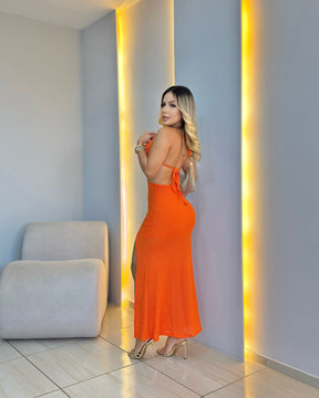 Vestido Longo em Tricô Vazado Laranja Tangerina